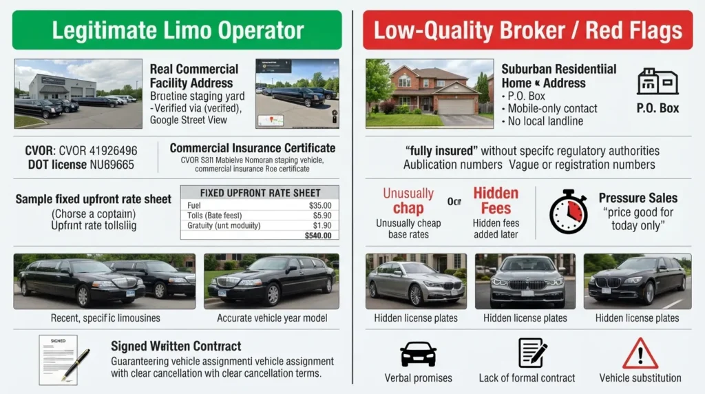 A side-by-side comparison chart showing key differences between a legitimate licensed limo service and a low-quality unverified broker, detailing business address, licensing credentials, fleet photos, and pricing transparency.