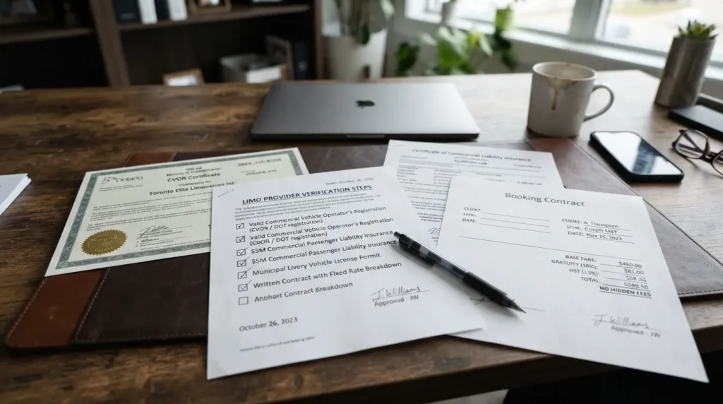 A hands-on driver verification checklist document next to an Ontario Commercial Vehicle Operator's Registration (CVOR) certificate and limousine booking agreement.