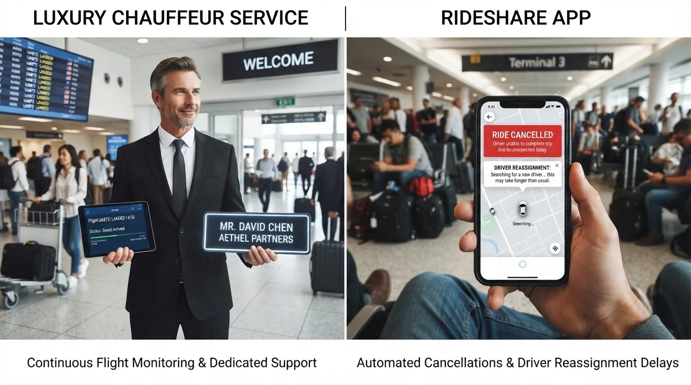 A side-by-side comparison showing a professional luxury chauffeur waiting with a welcome sign at the airport versus a smartphone displaying a cancelled rideshare notification.