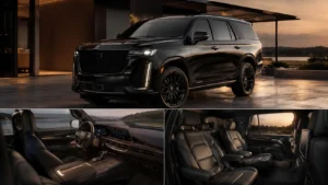 Black Cadillac Escalade exterior near lakeside residence with premium leather interior
