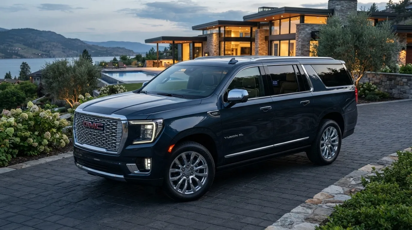 A premium dark blue GMC Yukon XL SUV parked on a paved driveway in front of a modern luxury estate, showcasing VIP Limo Services' executive family fleet.