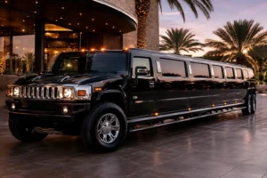 Luxurious black Hummer H2 stretch limousine parked outside a venue at sunset