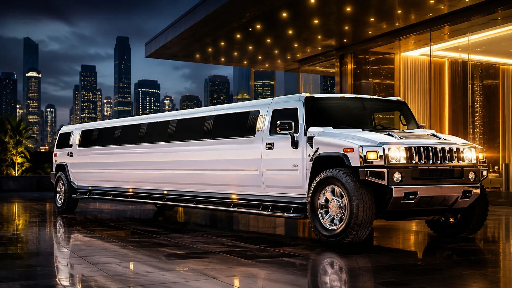 A sleek white stretch Hummer limousine parked outside a luxury venue in downtown Toronto at night, showing beautiful city reflections.