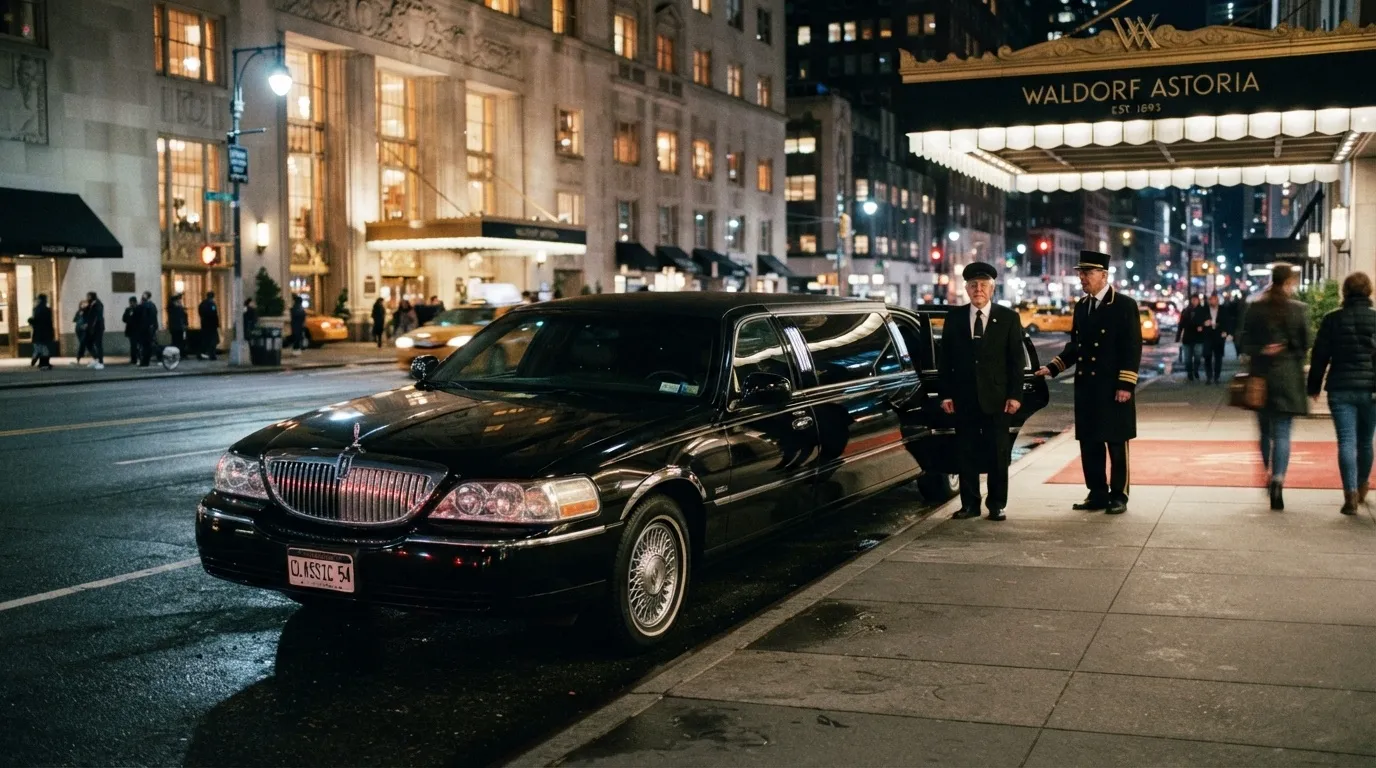 A premium black stretch limousine parked in front of a grand building entrance with professional uniformed chauffeurs waiting to assist passengers in downtown Toronto.