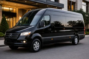 Luxury black Mercedes-Benz Sprinter passenger van parked in front of a modern downtown building