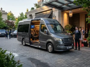 A sleek dark grey Mercedes-Benz Sprinter executive limo van parked at a luxury Toronto hotel entrance, with a professional chauffeur greeting passengers.