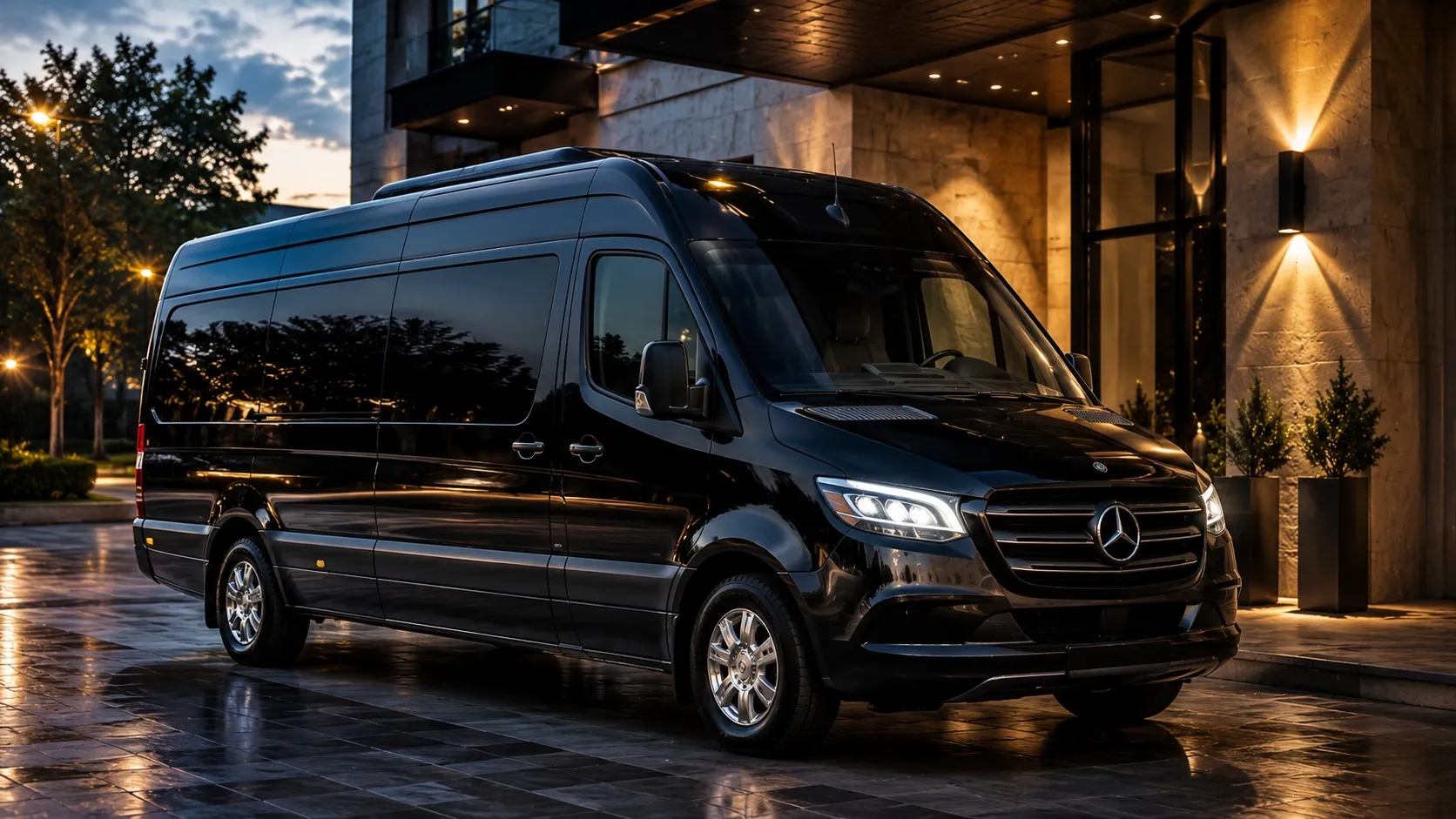 A sleek black Mercedes-Benz Sprinter passenger van parked in front of a modern downtown Toronto building, offering luxury group transportation with child seat options.