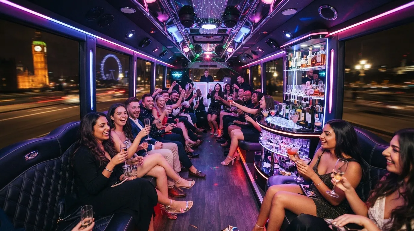 A lively group of friends celebrating inside a luxury party bus rental in Toronto, featuring vibrant pink and blue LED lighting, comfortable leather seating, and a built-in bar.