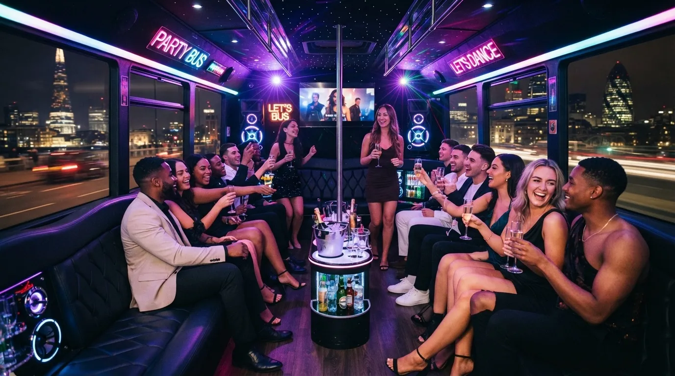 A lively group celebrating inside a luxury party bus in Toronto with vibrant neon lighting and champagne, hosted by VIP Airport Limo Services.