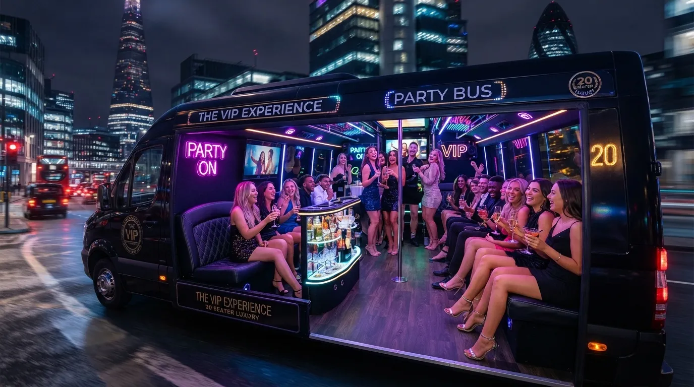 Interior view of a premium black party bus from Vip Airport Limo Services in Toronto, filled with guests enjoying drinks and music during a night out on the town.