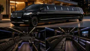 Sleek black Lincoln Navigator stretch limo exterior and interior with custom lighting and bar