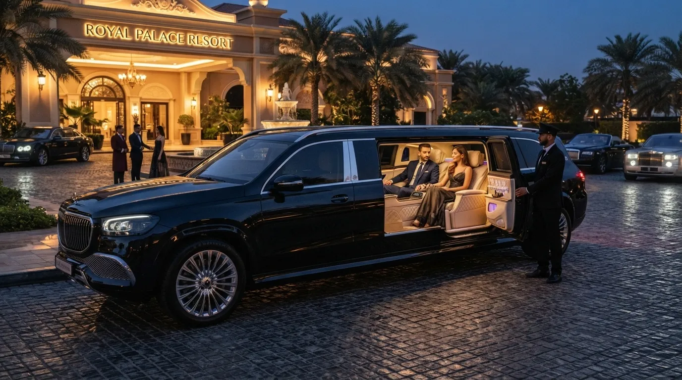 A black luxury stretch SUV limousine with an open door and chauffeur assisting an elegant couple inside, parked outside a grand resort entrance in Toronto.