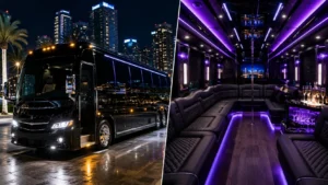 A split-screen view showing a sleek, modern black party bus parked in downtown Toronto at night next to its premium interior featuring purple LED lighting, plush leather perimeter seating, a dance pole, and a bar setup.