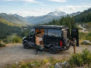 A black luxury conversion van parked on a scenic mountain overlook with travelers relaxing, representing premium adventure and travel services by Vip Airport Limo Services.