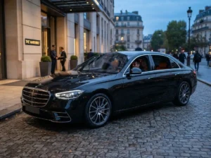 A premium black Mercedes-Benz luxury sedan from VIP Airport Limo Services parked on a cobblestone street, ready for executive airport transportation between Toronto and Buffalo.