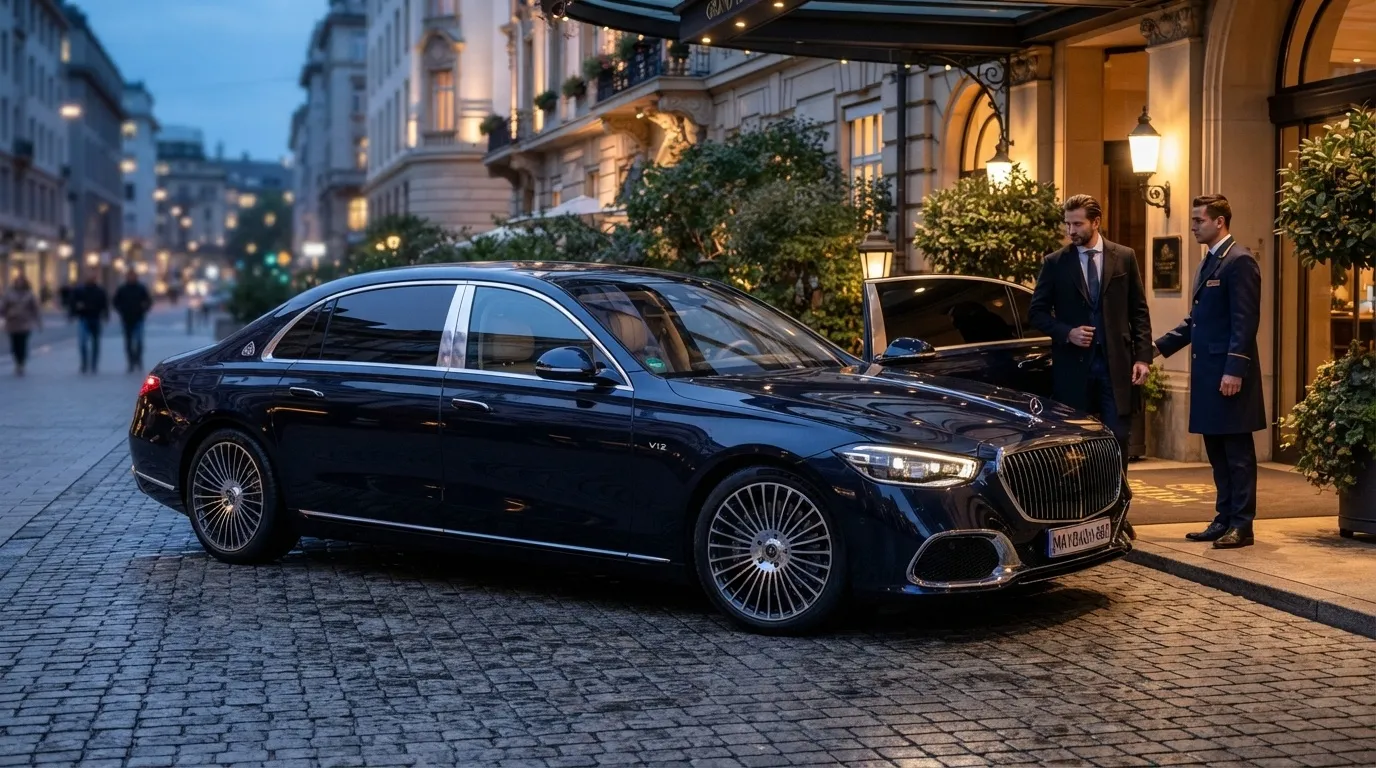 A dark blue luxury Mercedes-Maybach sedan parked on a cobblestone street outside a premium Toronto hotel with a professional chauffeur holding the door for a passenger.