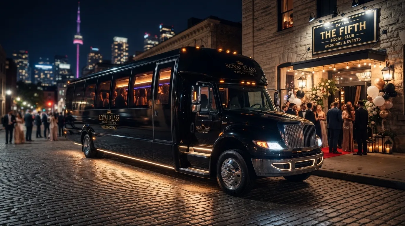 A premium black Royal Klass limo bus parked outside The Fifth Social Club in downtown Toronto at night with the CN Tower visible in the background.