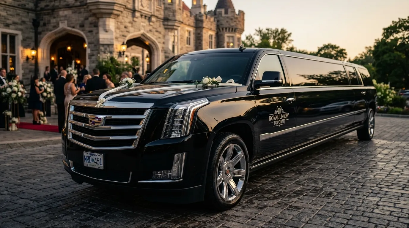 A luxurious black Cadillac Escalade stretch wedding limousine decorated with elegant white flowers parked on a cobblestone driveway outside a historic castle in Toronto.