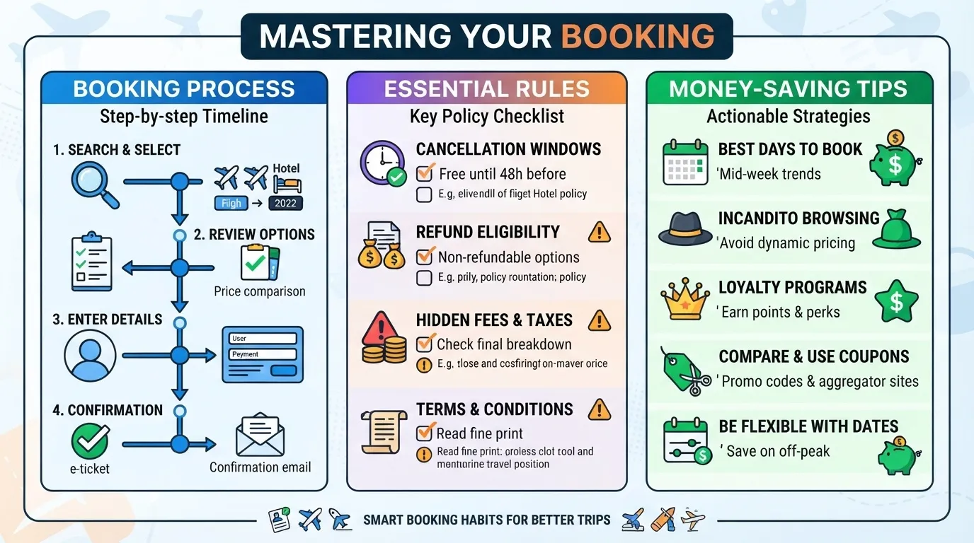 An informative infographic titled 'Mastering Your Booking' outlining the step-by-step booking process, essential policy checklists, and money-saving tips for travelers.