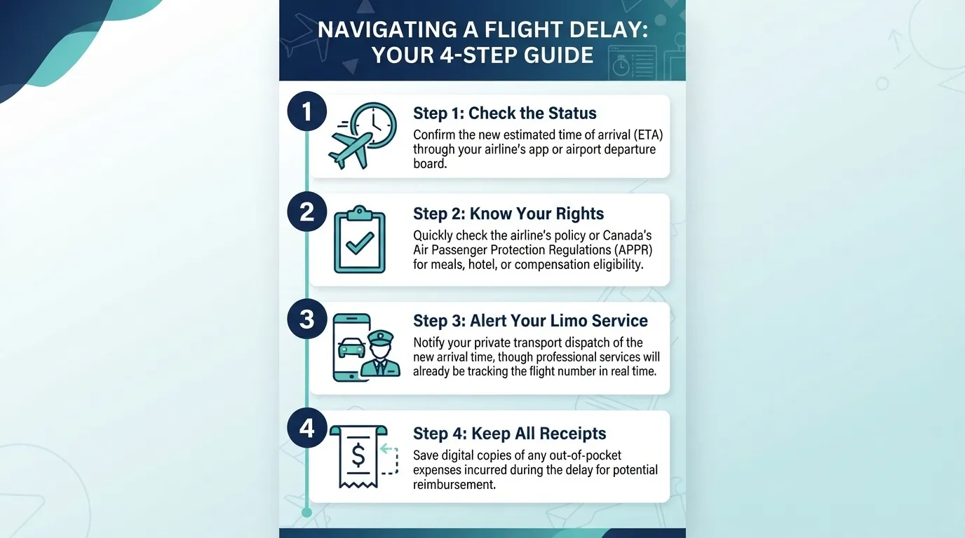 An infographic titled 'Navigating a Flight Delay: Your 4-Step Guide' outlining steps: check the status, know your rights (APPR Canada), alert your limo service, and keep all receipts.