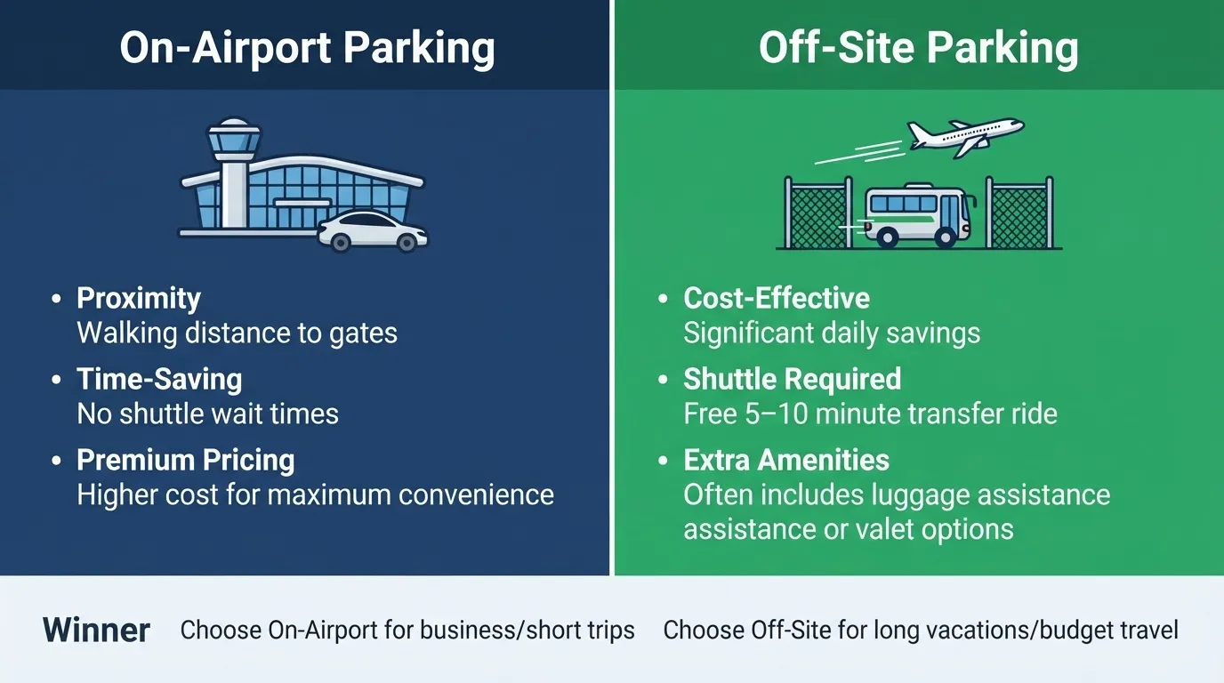 An infographic comparing On-Airport Parking features (Proximity, Time-Saving, Premium Pricing) against Off-Site Parking features (Cost-Effective, Shuttle Required, Extra Amenities), recommending on-airport for short business trips and off-site for long vacations.