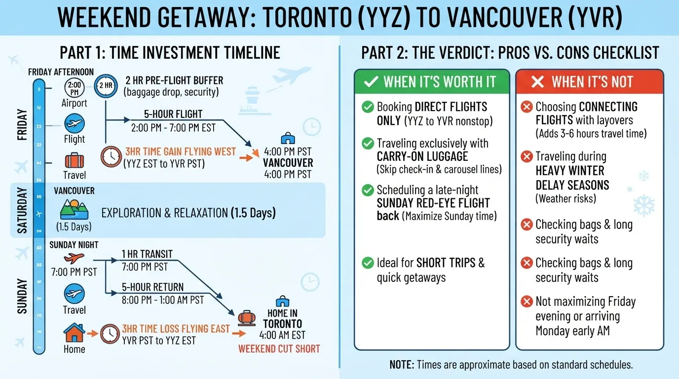 An infographic titled 'Weekend Getaway: Toronto (YYZ) to Vancouver (YVR)' outlining the time investment timeline, travel pros and cons, and time-saving tips for a 1.5-day trip.