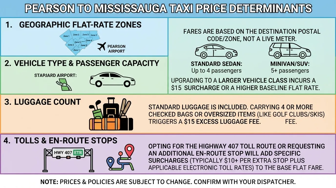 An informative infographic detailing the four main price determinants for airport taxi and limo rides from Toronto Pearson Airport to Mississauga, including geographic flat-rate zones, vehicle capacity, luggage surcharges, and toll routes.