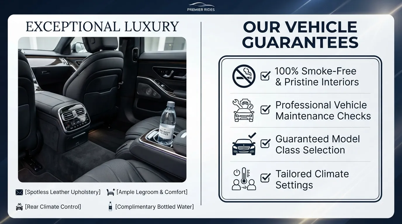 A luxury Premier Rides executive sedan interior showcasing pristine black leather seats, climate control, and complimentary bottled water next to a list of vehicle guarantees including 100% smoke-free rides.