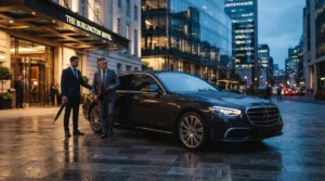 Professional chauffeur assisting a businessman next to a luxury black sedan parked outside a hotel