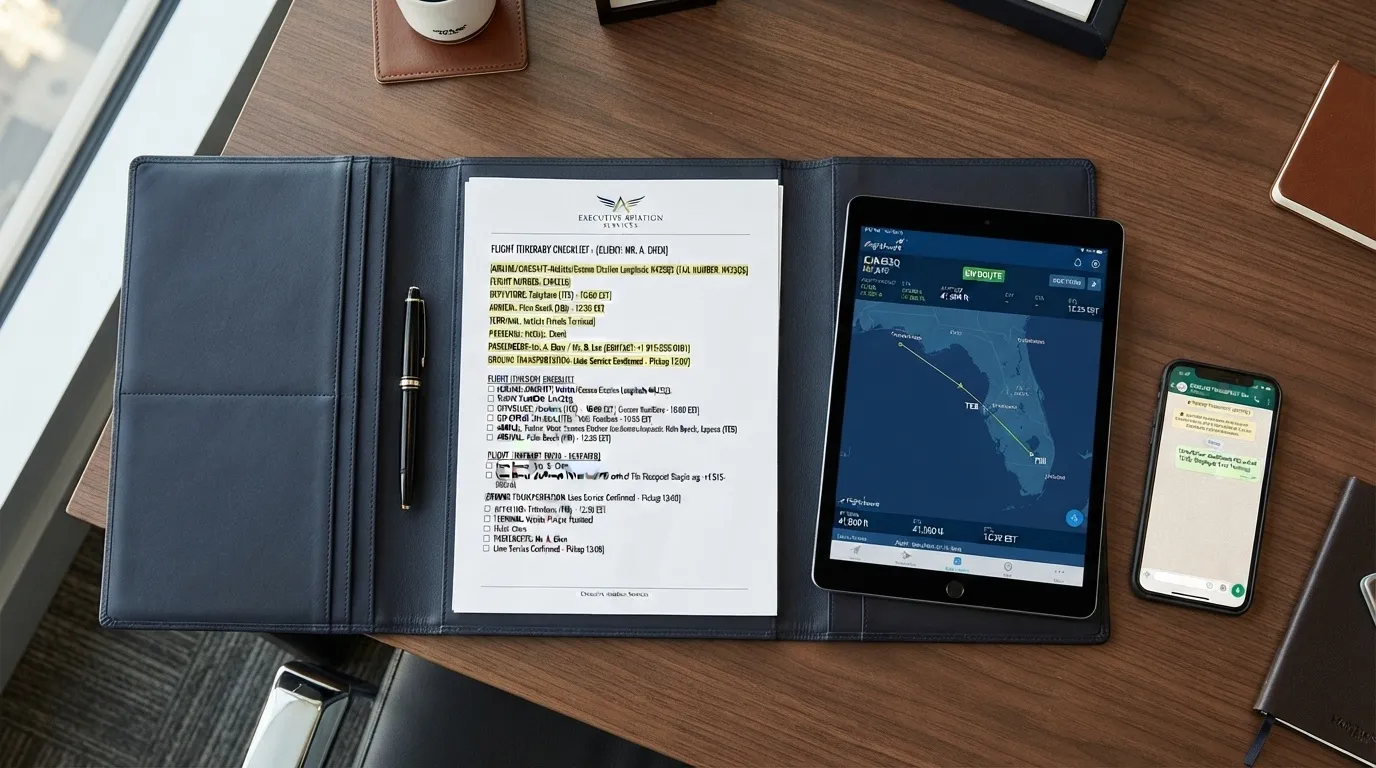 An executive flight itinerary checklist, a digital tablet with a live flight tracker map, and a smartphone on a dark wooden desk, representing the meticulous planning of VIP Airport Limo's luxury chauffeur services in Toronto.