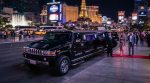 A sleek black stretch Hummer H2 limousine parked at the curb at night with a chauffeur assisting a glamorous couple onto a red carpet, showcasing Local Brand's VIP limo service.
