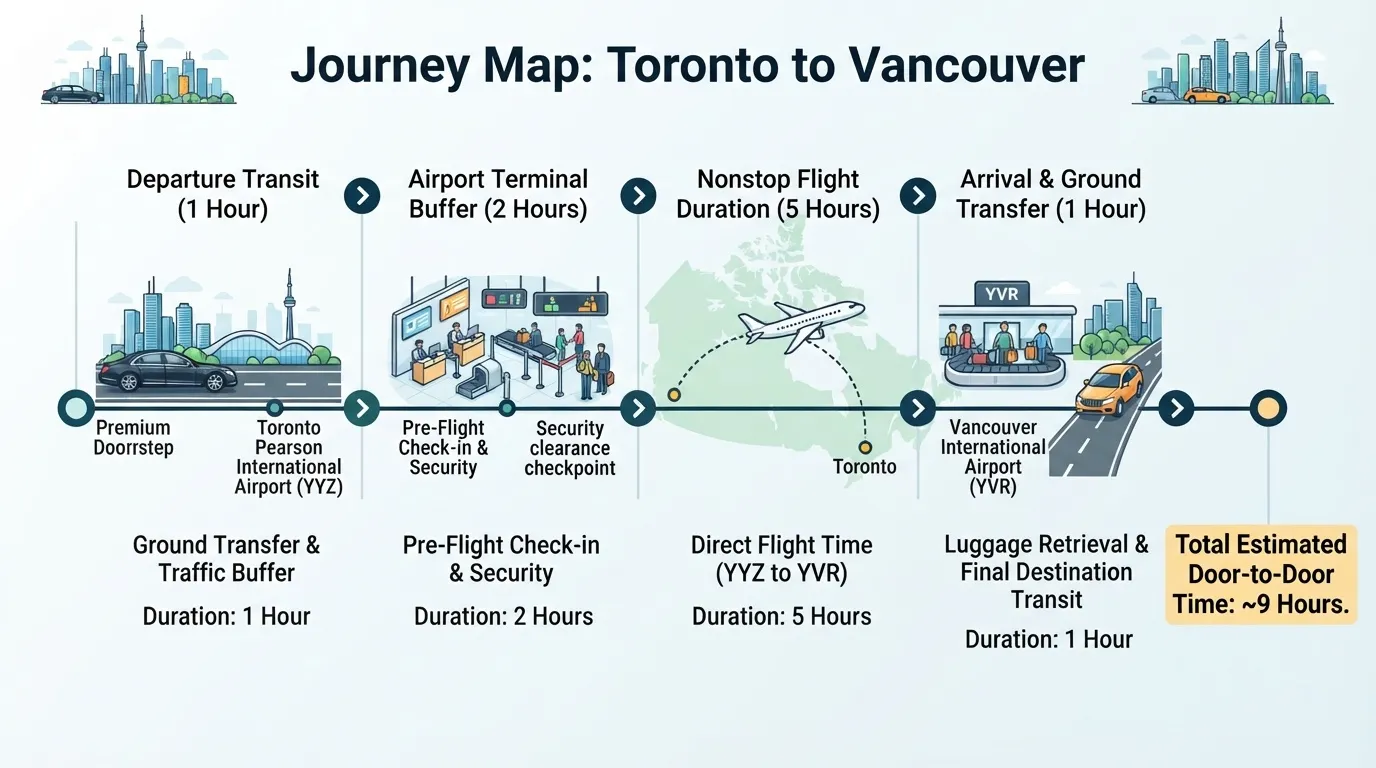 Journey map infographic showing the travel breakdown from Toronto to Vancouver, illustrating a 1-hour premium doorstep ground transfer to Toronto Pearson International Airport (YYZ), airport buffer, and direct flight.