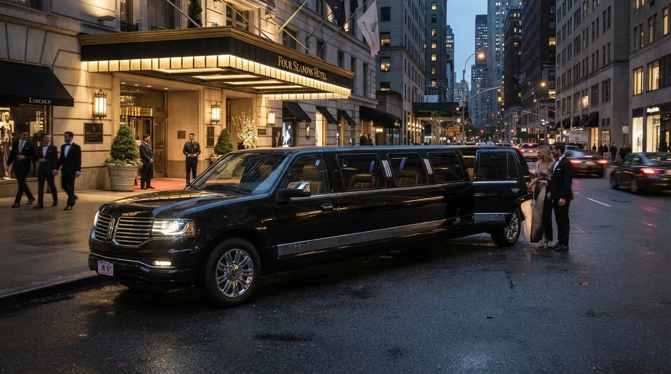 A luxurious black stretch Lincoln limousine parked on a city street in front of a grand hotel entrance, with a couple boarding and attendants nearby.
