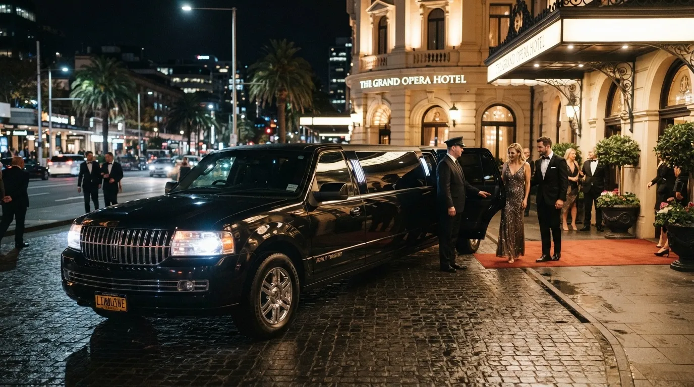 A sleek black stretch SUV limousine parked on a cobblestone street outside a grand Toronto hotel at night, with a professional chauffeur holding the door for guests in formal attire.