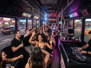 Interior of a vibrant, neon-lit luxury party bus in Toronto filled with people dancing, featuring a live DJ setup, 'Party Bus' signs, and panoramic windows showing city lights.