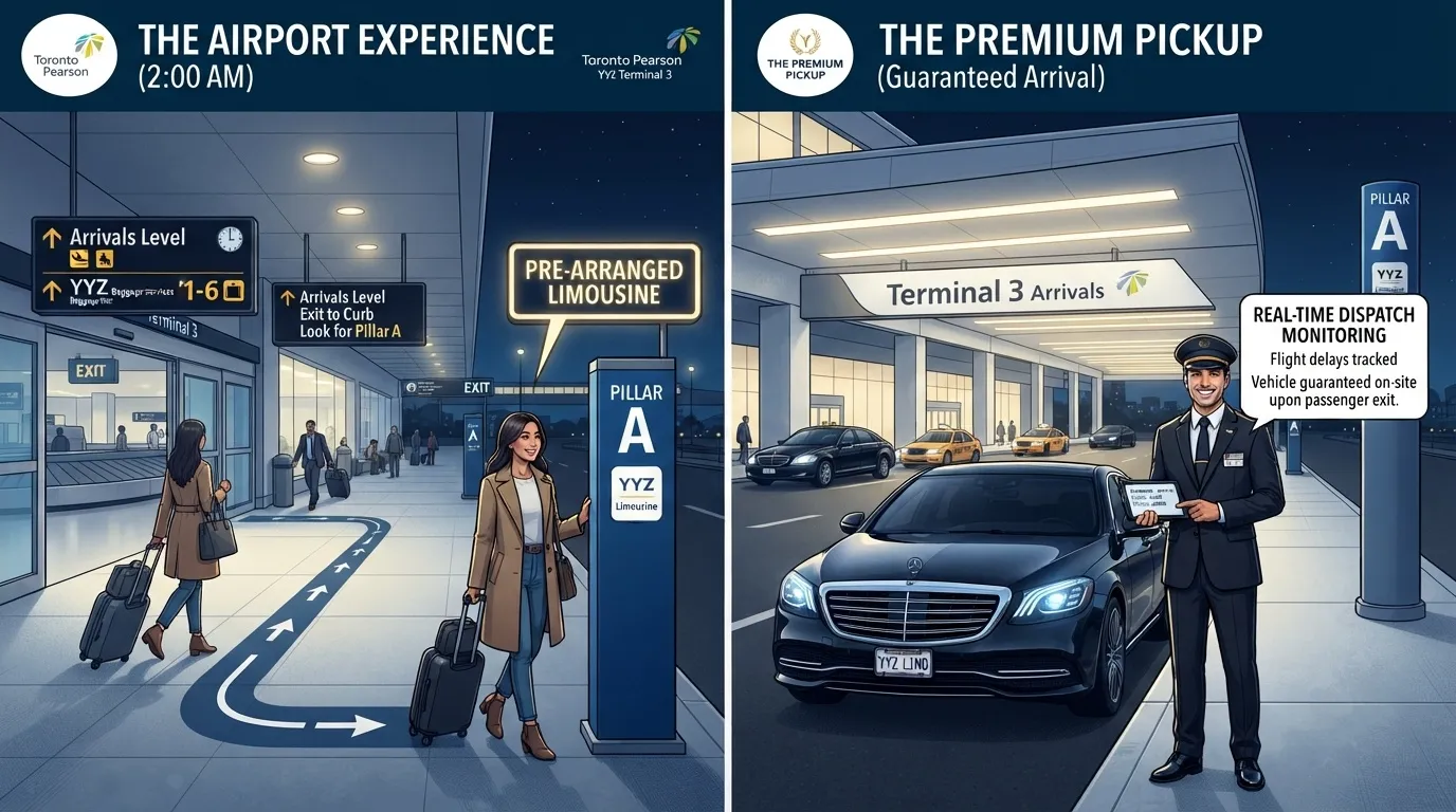 A side-by-side illustration showcasing a passenger navigating Toronto Pearson Airport Terminal 3 to the Pre-Arranged Limousine area at Pillar A, alongside a professional chauffeur waiting with a premium black Mercedes-Benz.