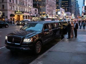 A luxurious black stretch SUV limousine parked curbside with a professional chauffeur holding the door open for elegant passengers.