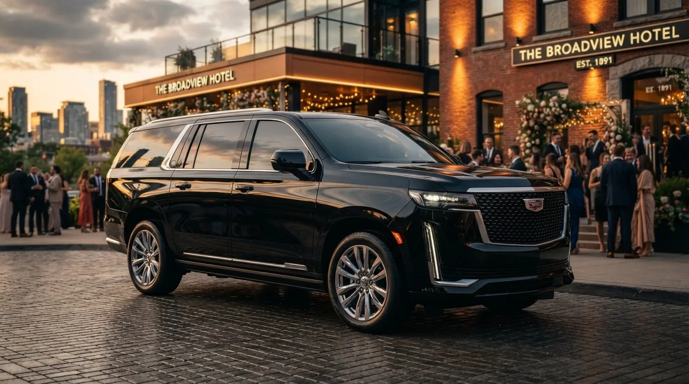 A luxurious black Cadillac Escalade SUV parked outside The Broadview Hotel in Toronto, showcasing premium wedding limousine services by Vip Airport Limo Services.