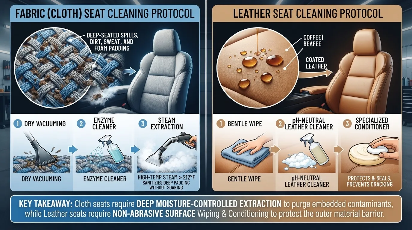 An infographic illustrating step-by-step cleaning protocols for fabric and leather car seats, highlighting the professional detailing standards maintained by VIP Airport Limo in Toronto.