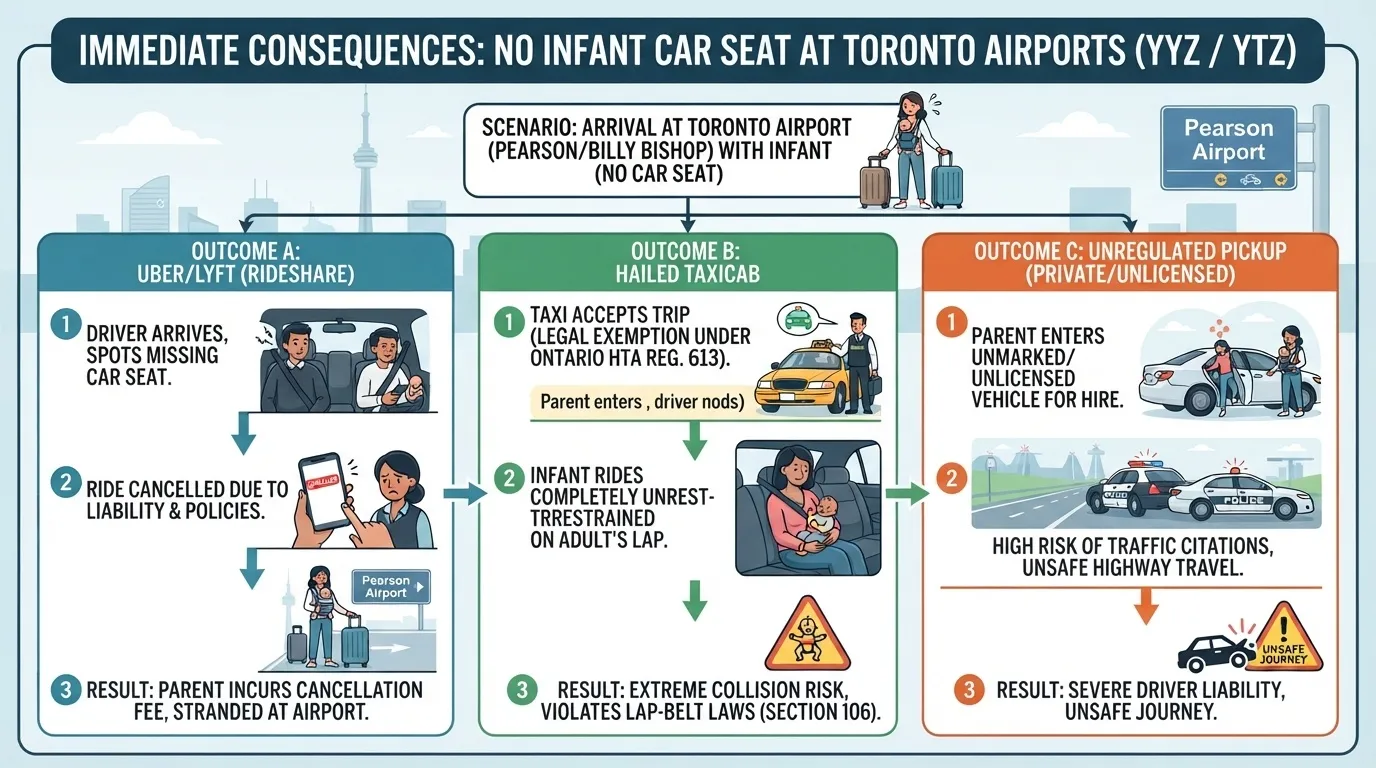 An educational infographic outlining the legal and safety consequences of arriving at Toronto airports (YYZ and YTZ) with an infant but no car seat, detailing outcomes for rideshares, taxis, and unregulated vehicles.