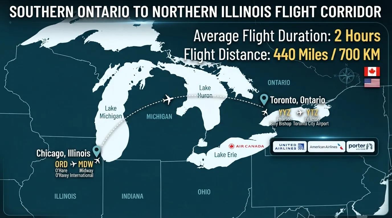 A map showing the flight corridor from Toronto, Ontario (YYZ and YTZ airports) to Chicago, Illinois (ORD and MDW airports) with details on flight distance and duration.