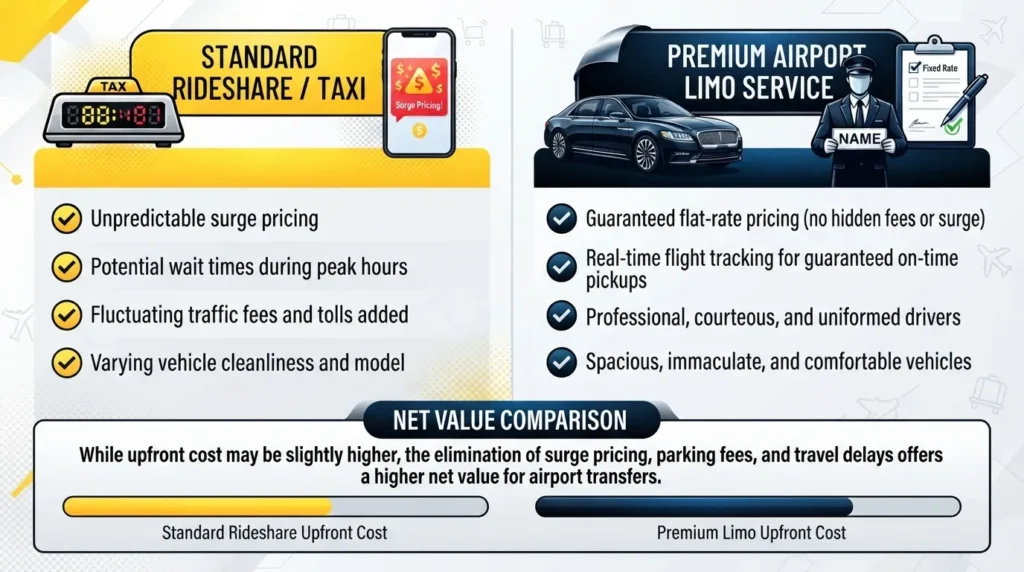 An infographic comparison between Standard Rideshare/Taxi and Premium Airport Limo Service, highlighting flat-rate pricing, professional drivers, and clean vehicles for premium services.