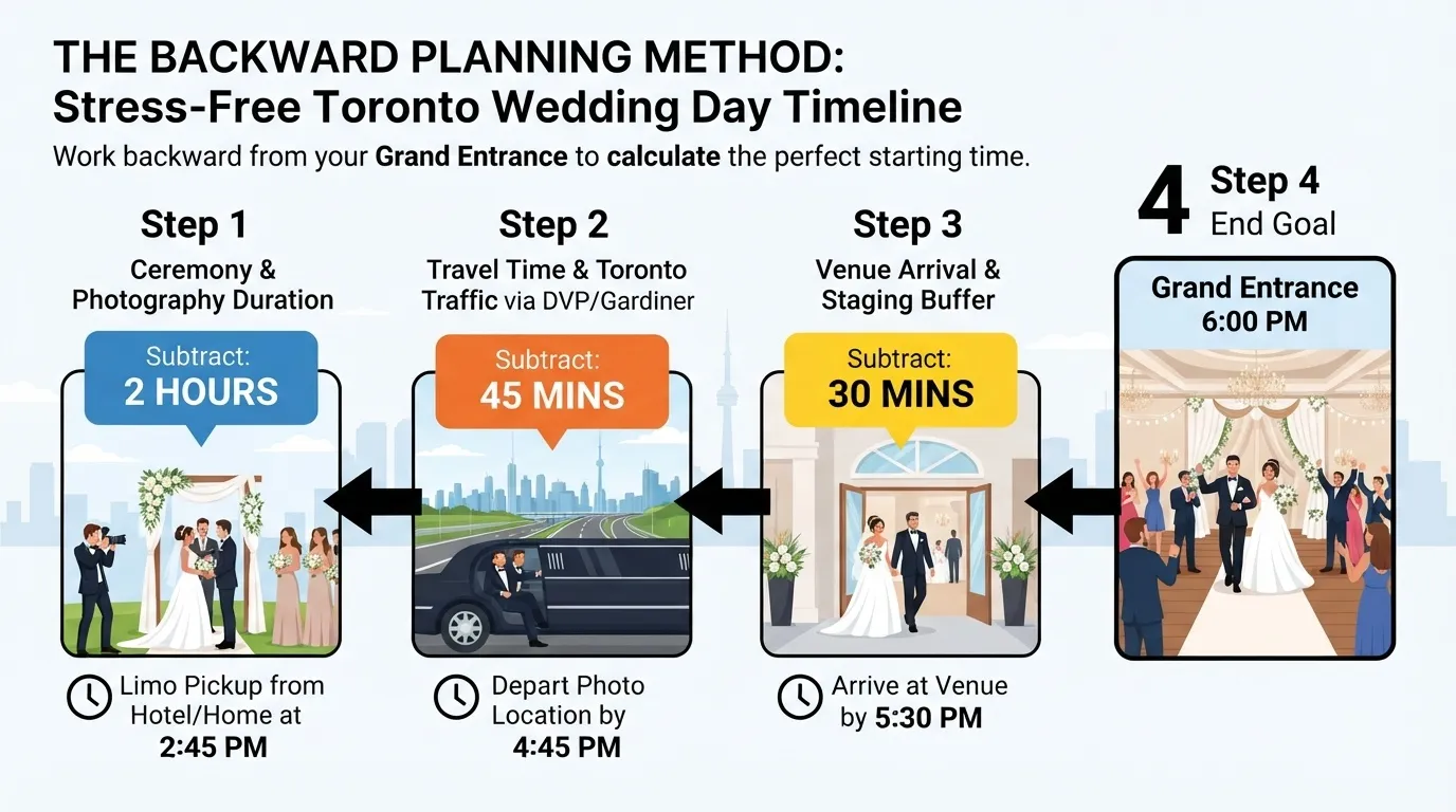 An infographic detailing the backward planning method for a stress-free Toronto wedding day timeline, featuring steps for limousine pickup, travel time, and grand entrance.