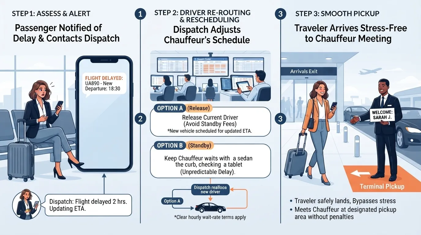 Infographic detailing Local Brand's three-step airport chauffeur dispatch process for handling flight delays at Toronto airports, featuring real-time flight tracking, driver re-routing options, and a seamless terminal pickup.