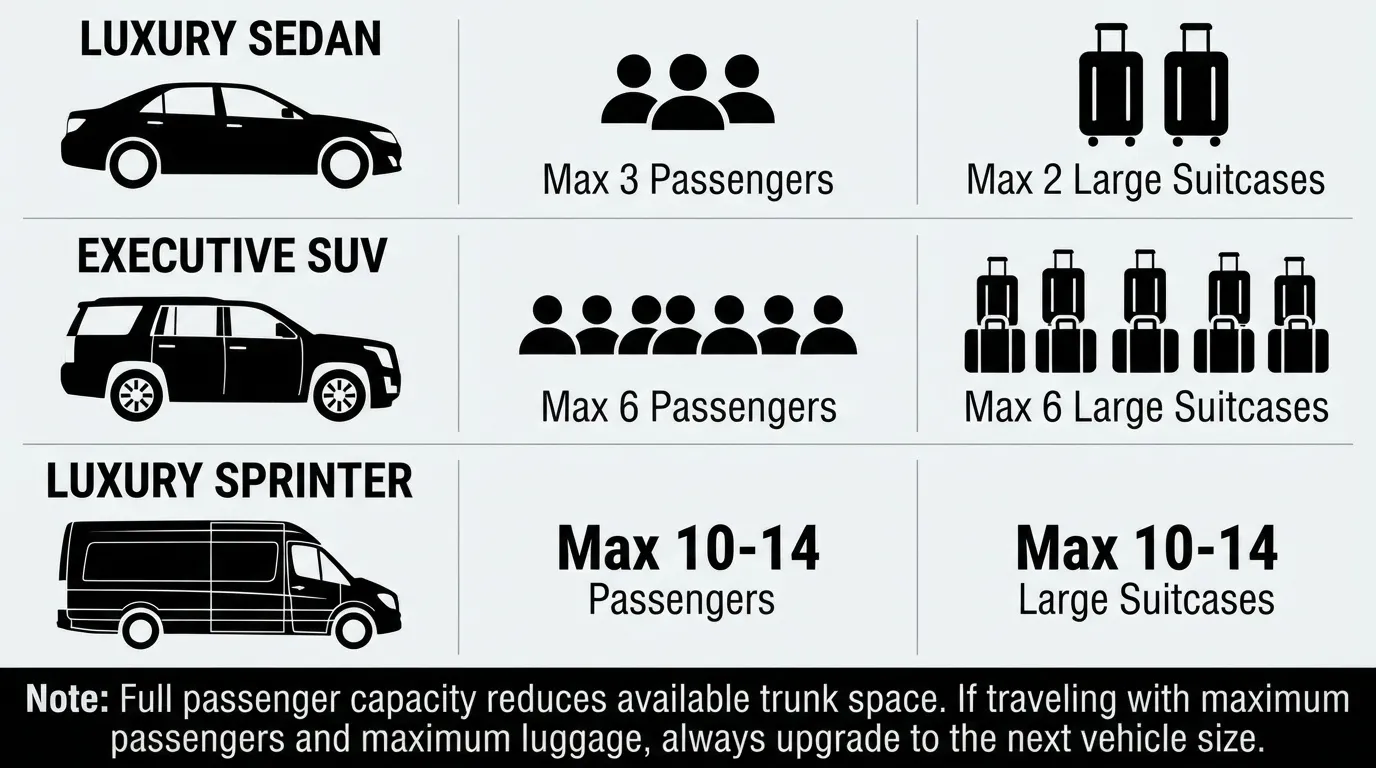 A fleet capacity guide for a Toronto airport limo service, detailing passenger and luggage limits for Luxury Sedan, Executive SUV, and Luxury Sprinter vehicles.