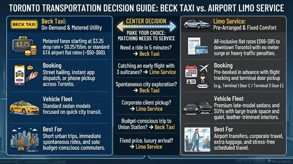 An infographic comparison guide between Beck Taxi and VIP Airport Limo Service in Toronto, detailing differences in pricing, booking, vehicle fleets, and travel scenarios.