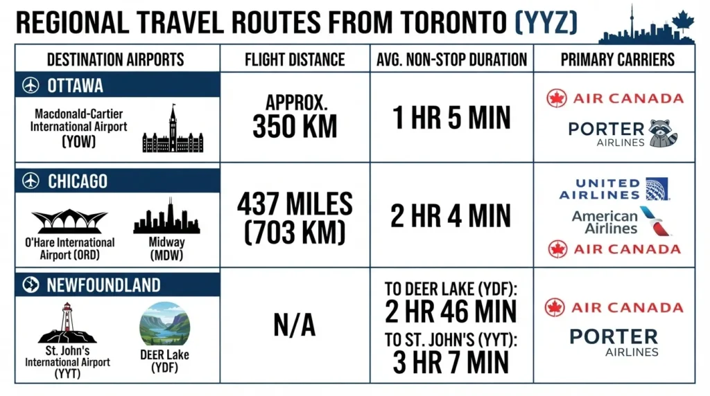 An infographic displaying regional travel routes from Toronto Pearson International Airport (YYZ) to Ottawa, Chicago, and Newfoundland, with flight times and major airlines.