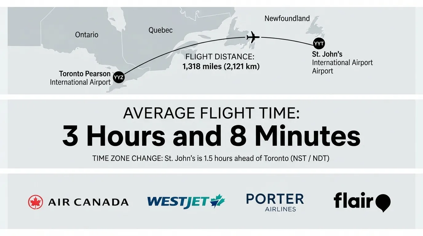 Infographic showing flight details from Toronto Pearson International Airport (YYZ) to St. John's International Airport (YYT), including flight distance, average travel time, and operating airlines.