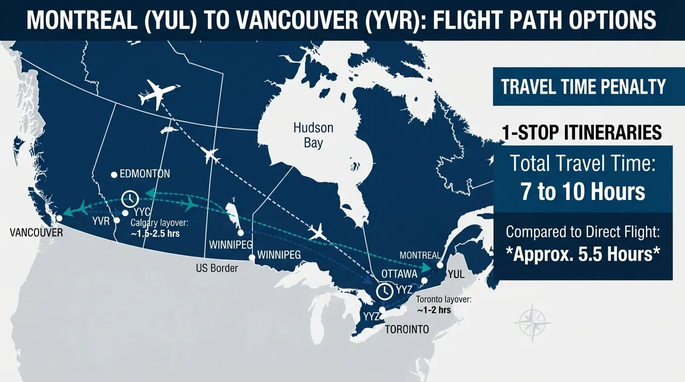 A map illustrating Montreal to Vancouver flight path options with 1-stop layovers in Toronto (YYZ) and Calgary (YYC) compared to direct flight times.