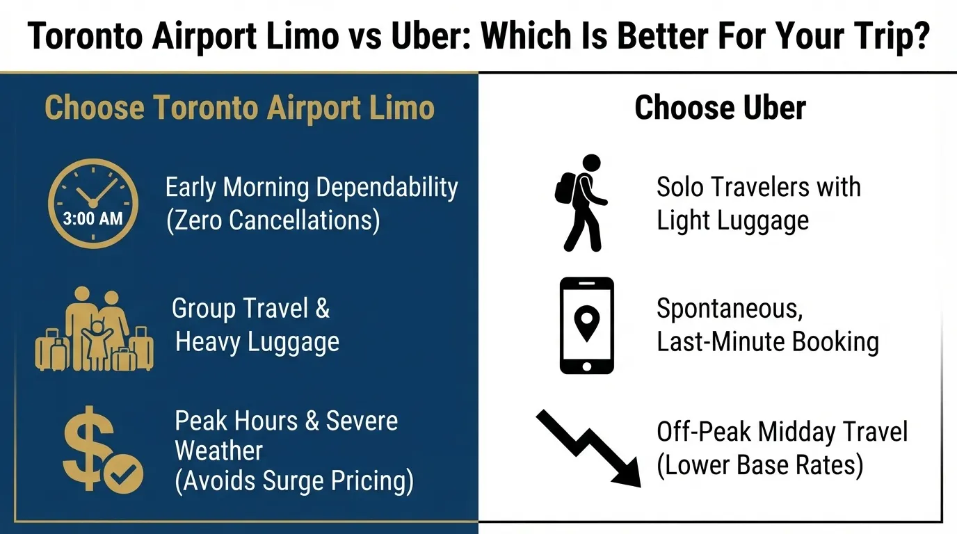 An infographic comparing the benefits of choosing a Toronto Airport Limo versus Uber, highlighting benefits like dependability for early mornings and group travel for limo, and solo travel with light luggage for Uber.